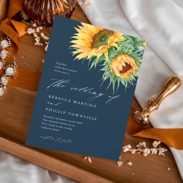 Invitation Mariage Champêtre Tournesol Écriture Aquarelle (An elegant, rustic sunflower wedding invitation with watercolor illustration and script typography.)