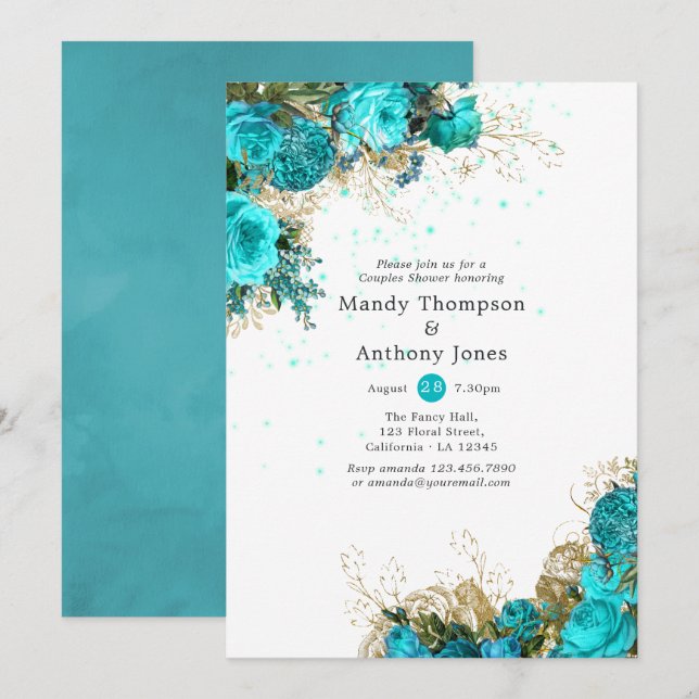 Invitation Mariage champêtre turquoise et or vintage (Devant / Derrière)