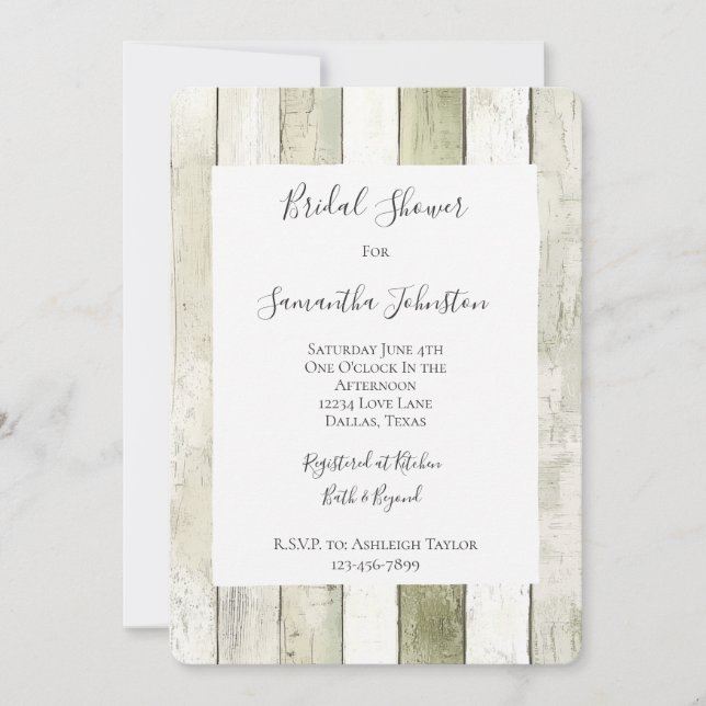 Invitation Mariage Champêtre Vert Blanc Bois Faux Shower de M (Devant)