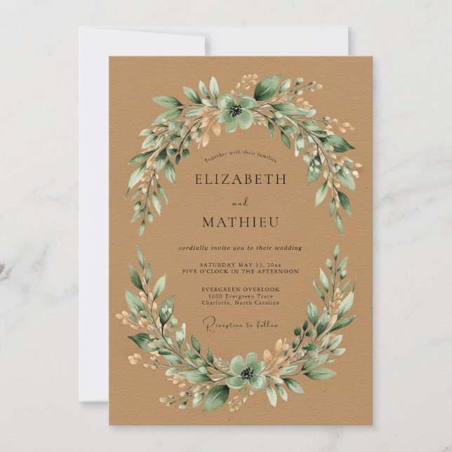 Invitation Mariage Champêtre Vert Sauge en Bois Rustique (Devant)