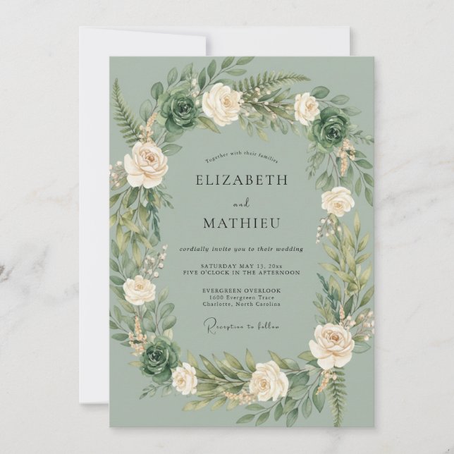 Invitation Mariage champêtre vert sauge immaculé (Devant)