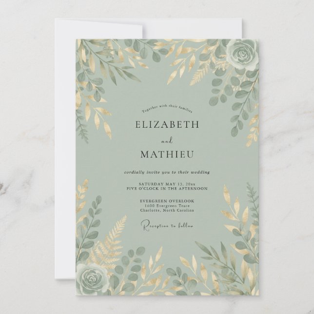 Invitation Mariage champêtre vert sauge scintillant (Devant)