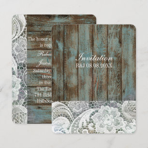 Invitation mariage champêtre vintage bleu bois de grange dent