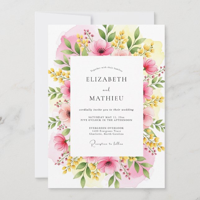 Invitation Mariage Champêtre Vivace Fuchsia Jaune (Devant)