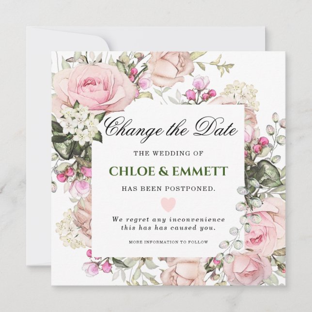 Invitation Mariage Changer la date Rose Floral (Devant)