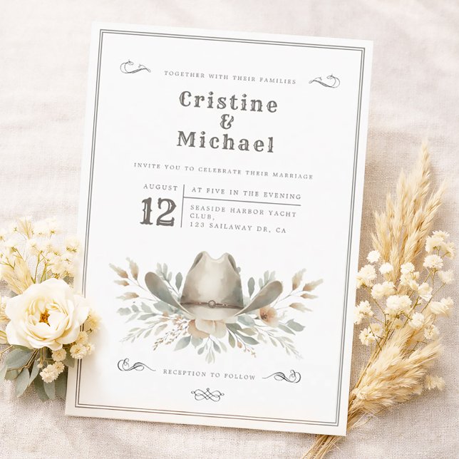 Invitation Mariage chapeau de cowboy rustique (Cowboy hat, western wedding invitation in watercolors. Vintage style.)