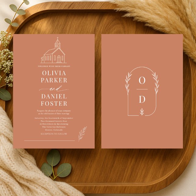 Invitation Mariage Chapelle Terracotta Dessin au Trait (Créateur téléchargé)