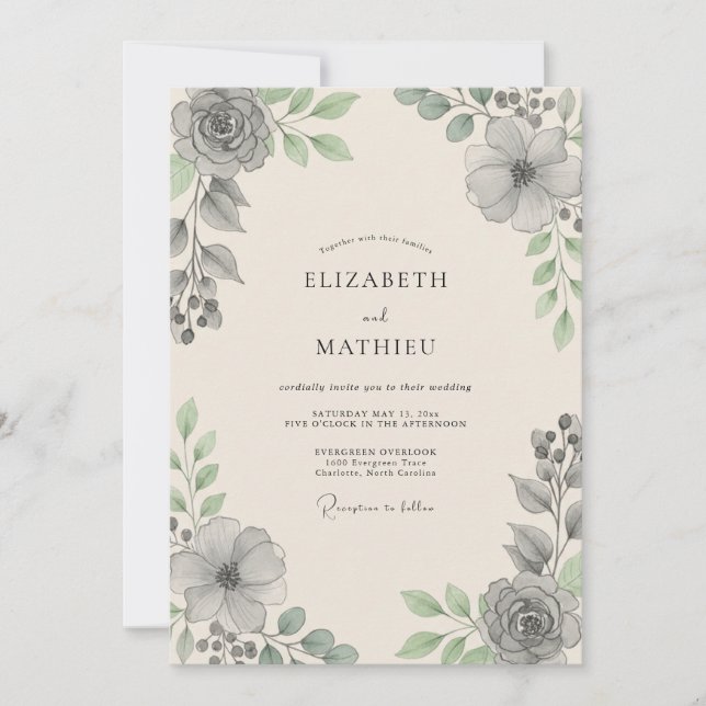 Invitation Mariage Charbon Acier Feuillu (Devant)