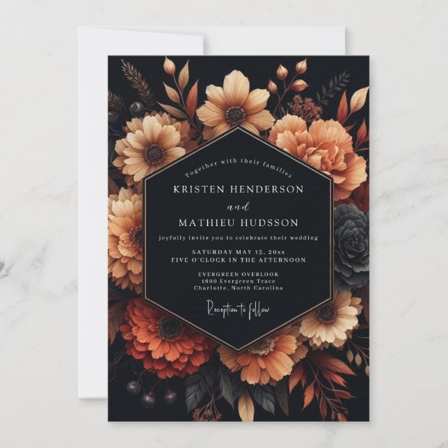 Invitation Mariage Charbon Ambre Fleurie (Devant)