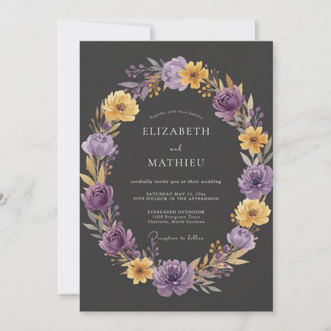 Invitation Mariage Charbon Améthyste Ranunculus Eucalyptus (Devant)