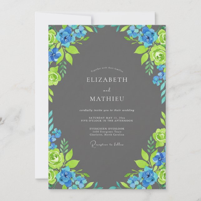 Invitation Mariage Charbon Azur Lime Pétales (Devant)