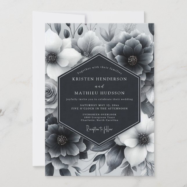 Invitation Mariage Charbon de Bois Anémone Sombre (Devant)