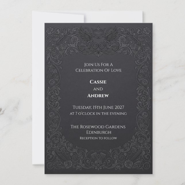 Invitation Mariage Charbon Gothique Rose Corbeau (Devant)