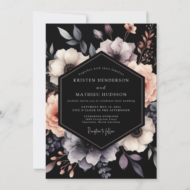 Invitation Mariage Charbon & Mauve Floraison Gothique (Devant)