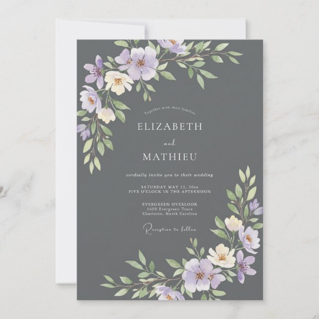 Invitation Mariage Charbon Mauve Pétales (Devant)