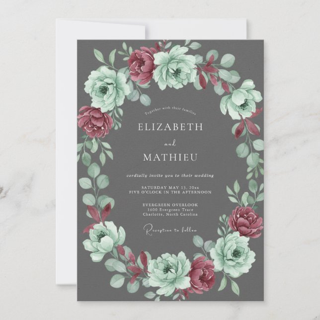 Invitation Mariage Charbon Menthe Fleur (Devant)