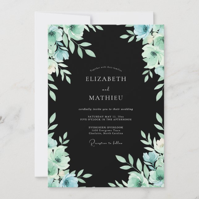 Invitation Mariage Charbon Menthe Pétales (Devant)