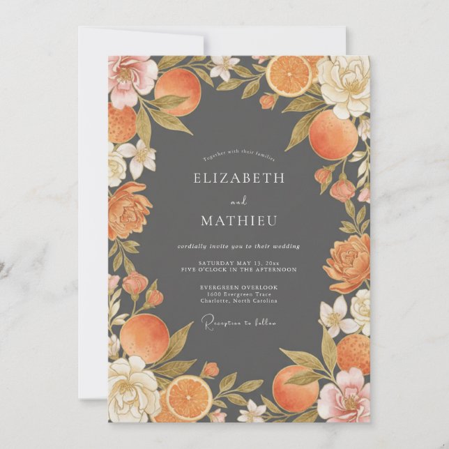 Invitation Mariage Charbon Orange Citron Eucalyptus (Devant)