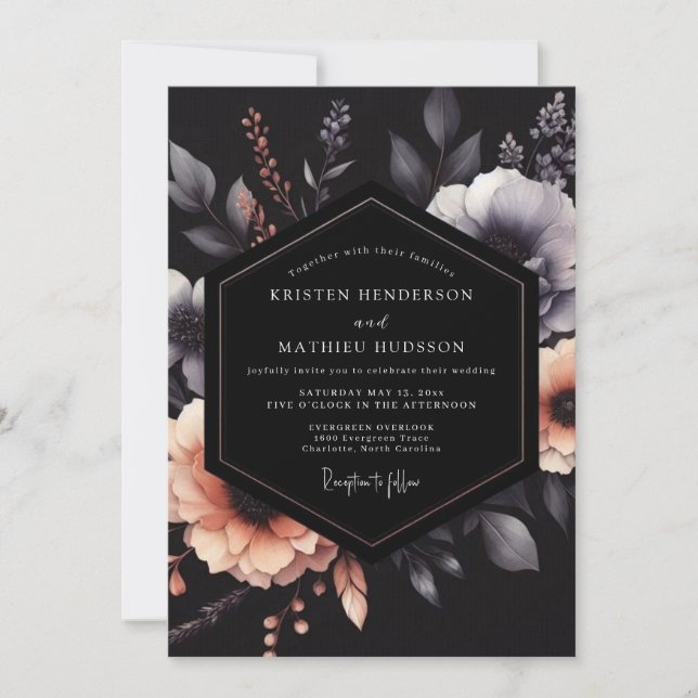 Invitation Mariage Charbon & Pêche Fleurie Ombreuse (Devant)