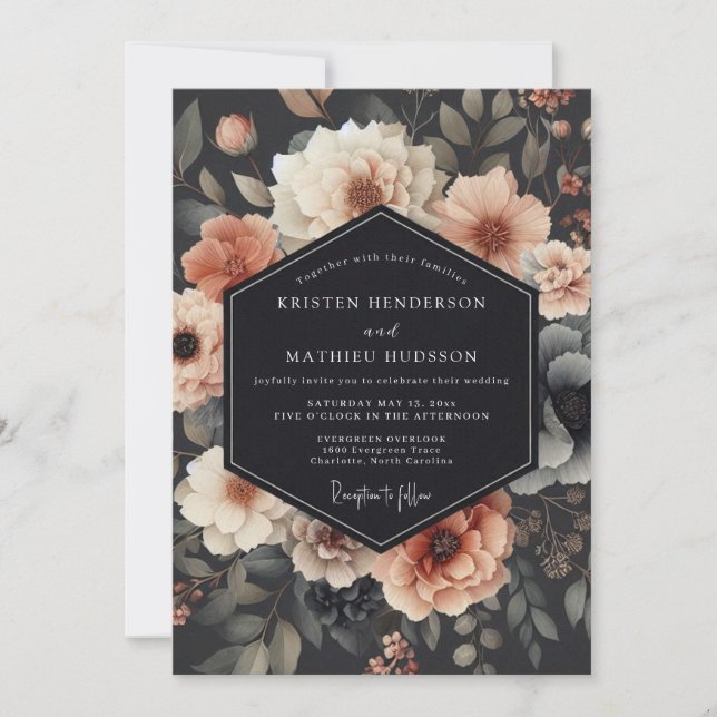 Invitation Mariage Charbon Romantique en Fleurs (Devant)