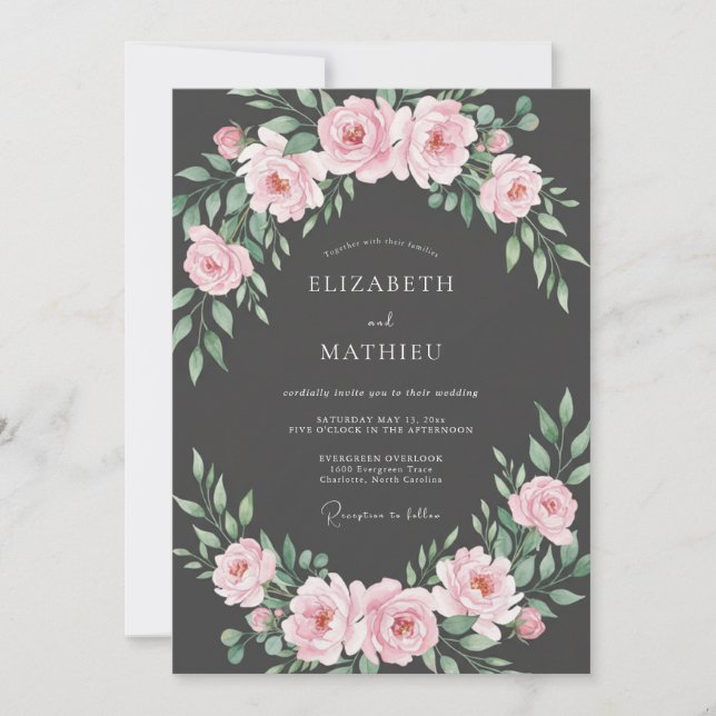 Invitation Mariage Charbon Rose Feuillu (Devant)