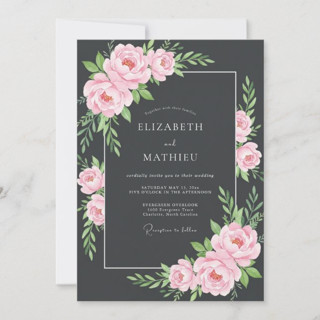 Invitation Mariage Charbon Rose Pâle Feuillu (Devant)