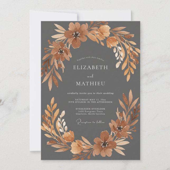 Invitation Mariage Charbon Terre Cuite Fleur (Devant)