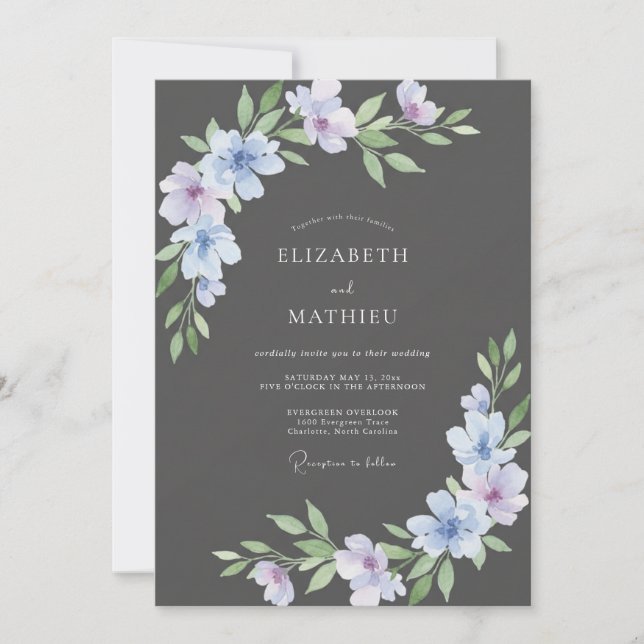 Invitation Mariage Charbon Violet Pétales (Devant)