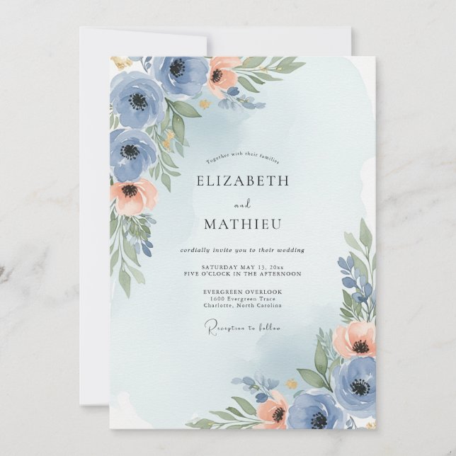 Invitation Mariage Charmant de Printemps Bleu Poussiéreux (Devant)