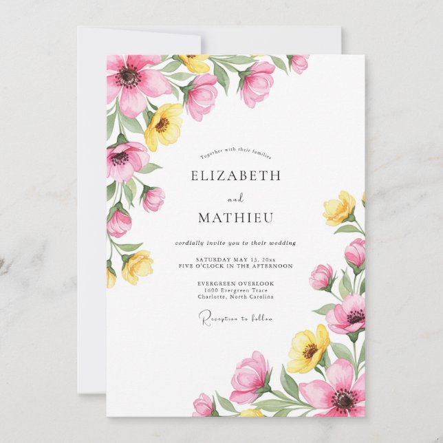 Invitation Mariage Charmant de Printemps Rose Jaune (Devant)