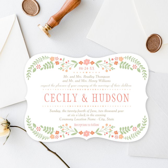 Invitation Mariage Charmant Guirlande Florale Rose Corail (Créateur téléchargé)