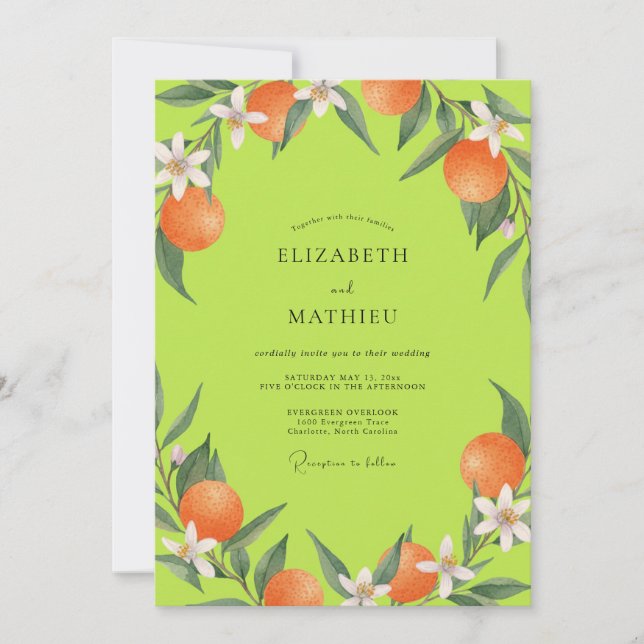 Invitation Mariage Chartreuse Citron Orange Eucalyptus (Devant)