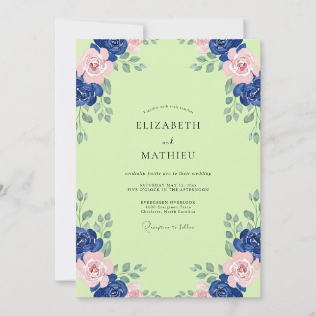 Invitation Mariage Chartreuse et Navy aux Pivoines (Devant)