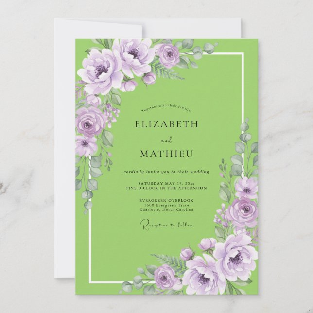 Invitation Mariage Chartreuse Lavande Ranunculus Eucalyptus (Devant)