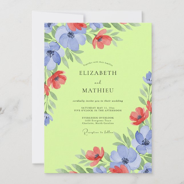Invitation Mariage Chartreuse Pervenche Coquelicot Pressé (Devant)