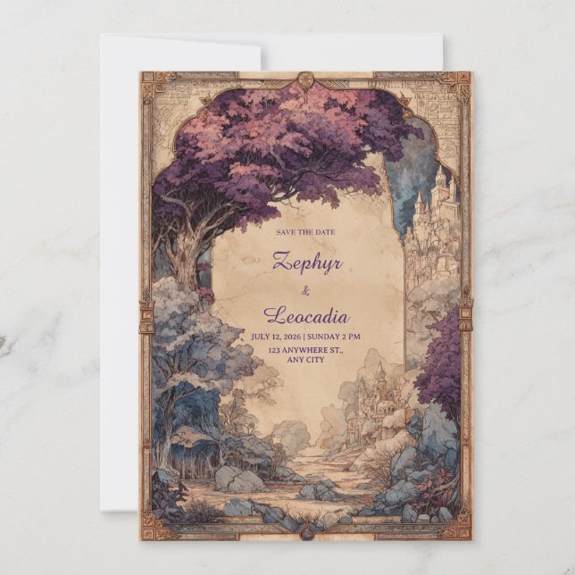 Invitation Mariage Château Arbre Violet Fantastique Vintage (Devant)
