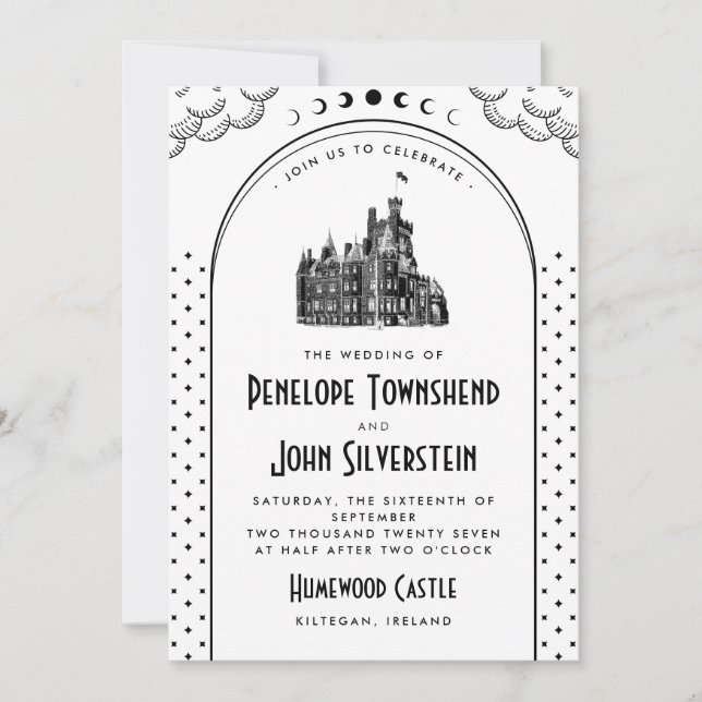 Invitation Mariage Château Art Déco Gothique Noir Blanc (Devant)