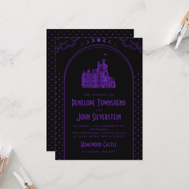 Invitation Mariage Château Art Déco Gothique Violet Noir (Devant/Arrière en situation)