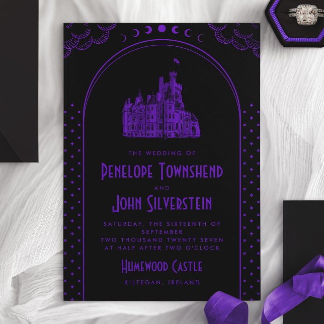 Invitation Mariage Château Art Déco Gothique Violet Noir (Gothic Art Deco Purple Black Castle Wedding Invitation)