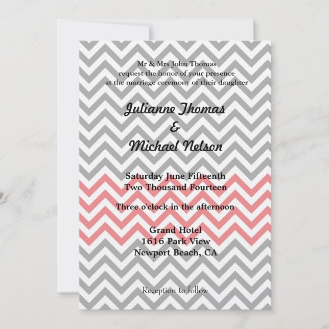 Invitation Mariage Chevron gris, blanc et corail (Devant)