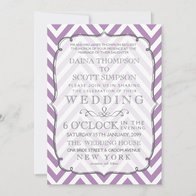 Invitation Mariage Chevron Stripes Violet Blanc et Africain (Devant)