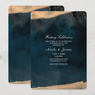 Invitation Mariage chic aquarelle moderne bleu et corail pêch