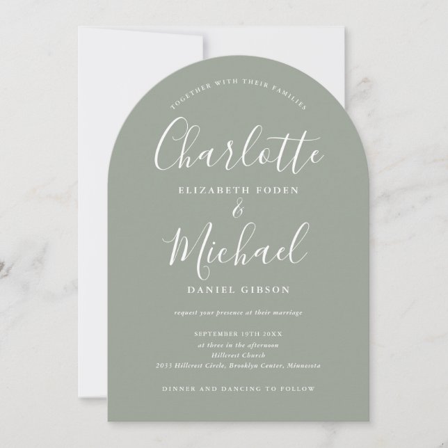 Invitation Mariage chic avec arche de script tout en un vert  (Devant)