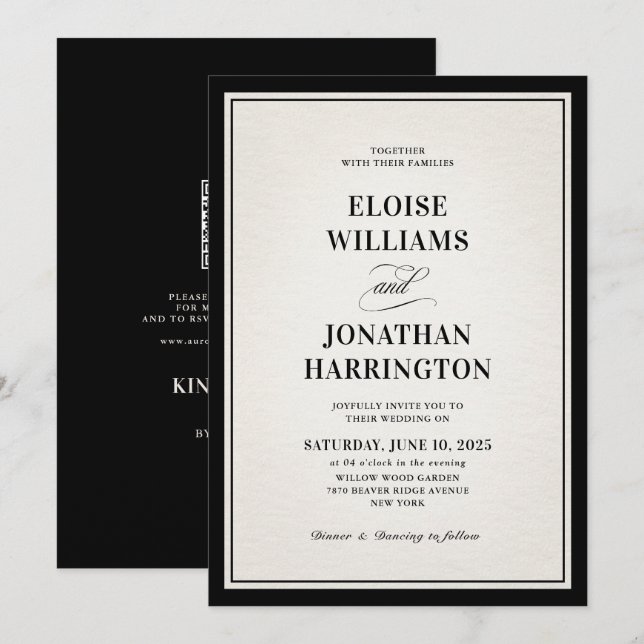 Invitation Mariage chic avec code QR noir moderne et argent a (Devant / Derrière)