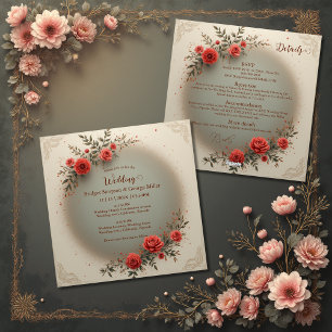 Invitation mariage chic beige floral vintage rose tout en un