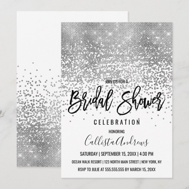 Invitation Mariage Chic Blanc Paillettes Confettis (Devant / Derrière)