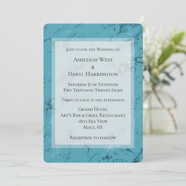 Invitation Mariage chic bleu aqua marbré (Debout devant)