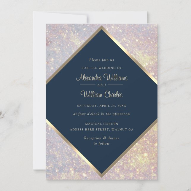 Invitation Mariage Chic Bleu Calligraphie Pailletée Or Élégan (Devant)