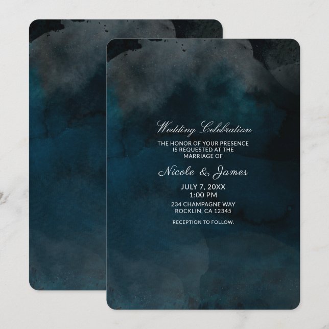 Invitation Mariage chic bleu humeur aquarelle moderne (Devant / Derrière)