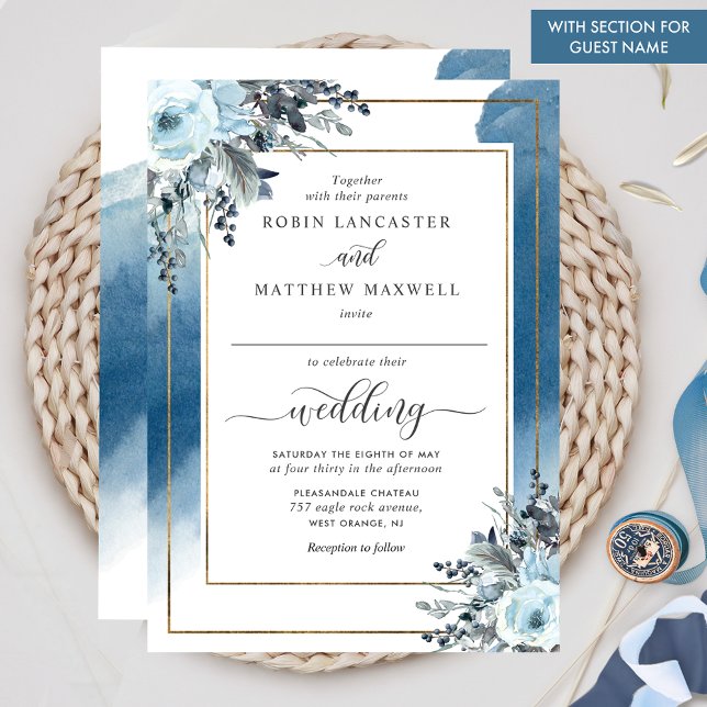 Invitation Mariage Chic Blue Watercolor et Floral Guest Name (Créateur téléchargé)